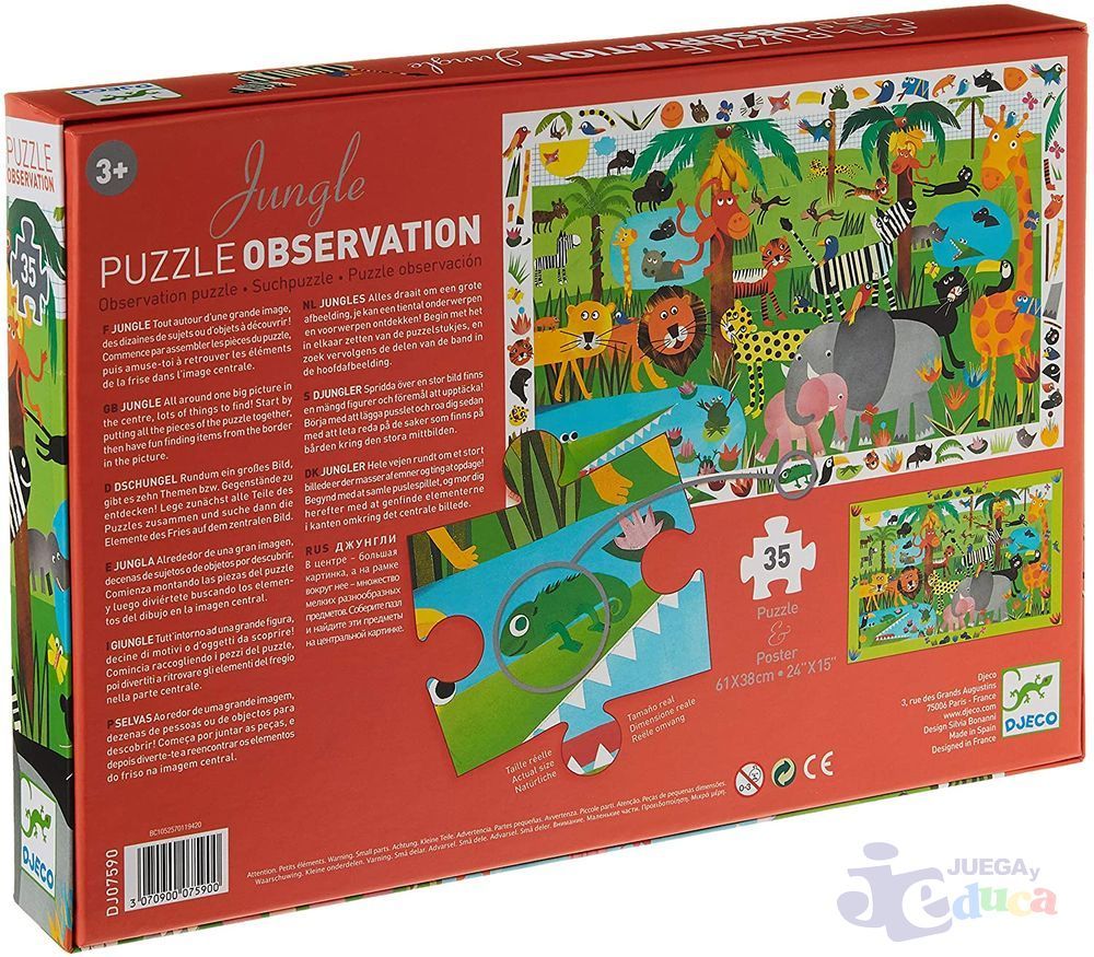 Puzzle De Observación Djeco – Selva De 35 Piezas, Rompecabezas De Cartón Para Niños A Partir De 3 Años, Estimula La Atención Y La Imaginación